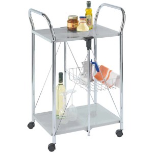 Wenko Chariot de cuisine Sunny argent avec 2 étagères, panier et roulettes. Desserte pliante pour cuisine et fêtes.