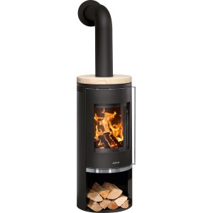 Poêle à bois Justus Faro 2.0, acier noir, dessus en grès, 6 kW. Cheminée avec rangement bois et vitre.