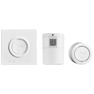 Danfoss Ally Starter Pack : Gateway, tête thermostatique (M30 x 1,5 mm), contrôle de chauffage intelligent blanc.