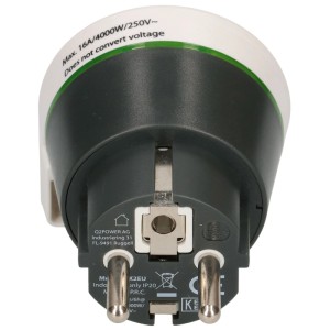 Weiß-schwarzer Reiseadapter UK - Europa, 250V, für Reisen. Zwischenstecker mit Schutzkontakt.