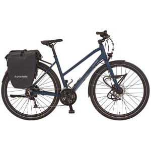 Bicicletta da trekking da donna Prophete Entdecker 20.BTT.10 blu da 28 pollici con borsa laterale e luci a LED.
