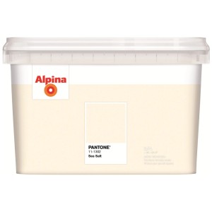 Secchio di pittura per interni Alpina Pantone Sea Salt, pittura murale opaca in beige tenue.