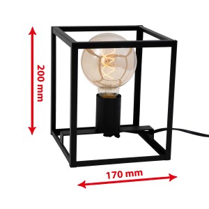 Lampe de table noire Briloner au design vintage avec ampoule dans un cadre cubique.