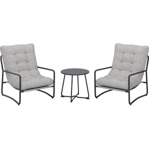 Ensemble balcon 3 pièces Patterson : 2 fauteuils avec coussins, 1 table. Structure acier, revêtement textile beige, plateau acier.