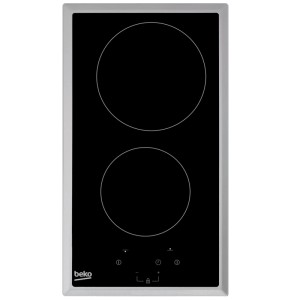 Table de cuisson vitrocéramique encastrable Beko noire avec deux zones, commandes tactiles et cadre argenté.