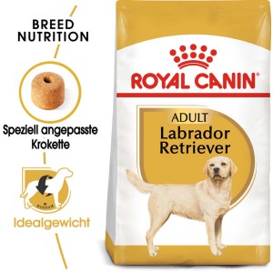 Royal Canin Labrador Adult cibo secco 12kg: sacco di cibo con immagine di Labrador Retriever.