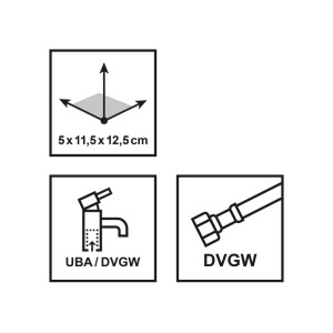 Pittogrammi del miscelatore monocomando Sangro: dimensioni, certificazione UBA/DVGW e DVGW.