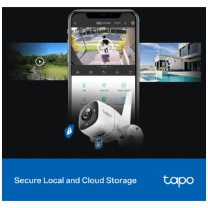 Tapo C325WB Netzwerkkamera in Weiß mit Smartphone-App-Ansicht.