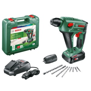 Set trapano a percussione a batteria Bosch 18V Uneo Maxx con batteria, caricabatterie, punte e inserti.