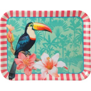 Serviertablett Melamin mit Tukan- und Blumenmuster, ideal für Camping und mehr.