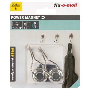 Aimants en pot néodyme Fix-o-moll, lot de 2, 50mm, avec crochet pivotant pour aides ménagères.