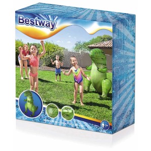 Arroseur Dino Bestway : Dino gonflable vert avec des enfants jouant dans le jardin.