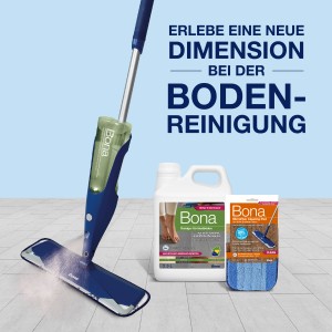 Tanica di ricarica Bona con mop e panno di pulizia per pavimenti in pietra, piastrelle e laminato.