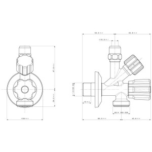 Dessin technique : Robinet d'équerre combiné en laiton chromé 1/2 avec poignée bleue, dimensions et détails.