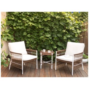 Beliani Set bistro Levico, 3 pezzi, alluminio bianco con dettagli in vimini marrone e cuscini.