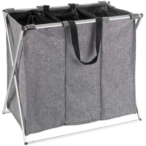 Cesto portabiancheria Wenko Trio grigio mélange, 130 l, con 3 scomparti e maniglie.