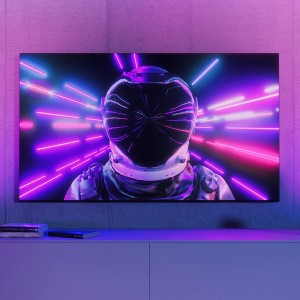 Philips Hue Play Wallwasher double pack en noir, éclairage indirect avec effet de couleur sur la TV.