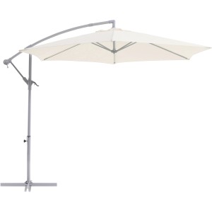 Beiger Ampelschirm mit Ø 300 cm und Stahlgestell für Garten oder Terrasse.