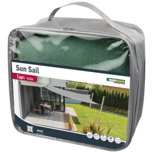 Voile d'ombrage Windhager Capri emballée, carrée, 5x5 m, olive. Idéale pour jardin et terrasse.