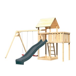 Tour de jeu Karibu Lotti avec toboggan, balançoire double et plateforme en anthracite naturel.