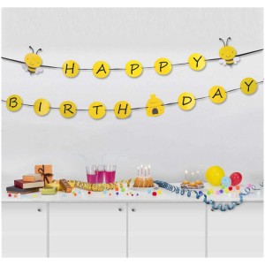 Kreativ-Set Papier-Girlande Biene als Geburtstagsdeko mit Kuchen, Getränken und Geschenken.