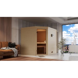 Sauna Karibu Tilda en épicéa avec poêle en acier inoxydable et commande externe.