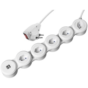 Multiprise Steffen Snake, 5 prises, blanc, câble 2m, avec ports USB.