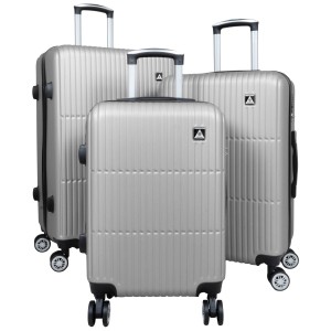 Ensemble de 3 valises à roulettes Madrid en ABS, gris argenté. Valises de voyage avec serrure à combinaison et poignée télescopique.