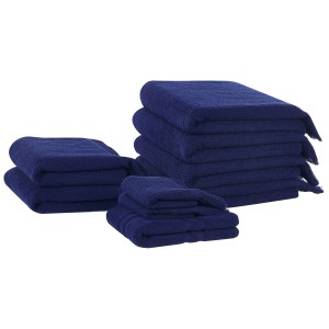 Ensemble de serviettes de bain bleu marine Atiu, 9 pièces avec tapis de bain en coton éponge.