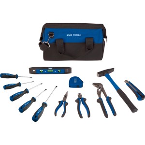 Set d'outils LUX Classic, 13 pièces, avec sacoche, marteau, tournevis, pinces, niveau à bulle et mètre ruban.