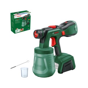 Sistema di verniciatura a spruzzo a batteria Bosch UniversalSpray 18V-300 con accessori e scatola.
