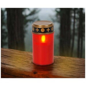 Bougie funéraire LED rouge avec détecteur de crépuscule, Ø 7,3 cm, hauteur 12 cm. Pour usage extérieur.