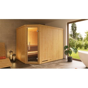 Sauna angolare Weka Varberg con porta in vetro, rivestimento in legno e stufa per sauna in set.