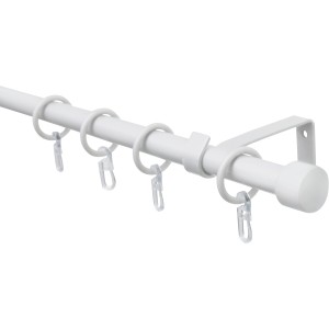 Set di bastoni per tende bianchi (Ø 16/13 mm) con supporti, terminali e anelli con ganci per pieghe.