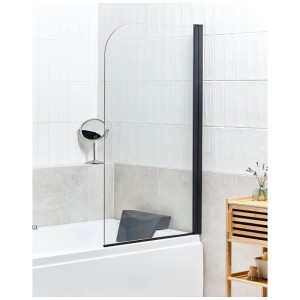 Paroi de baignoire Beliani Lapan en verre de sécurité transparent avec cadre noir et coin arrondi.