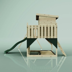 Torre gioco PolarPlay Nils con altalena e scivolo, legno naturale, dettagli verde scuro.