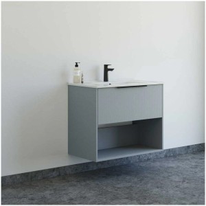 Set mobili bagno Dansani NOW, blu chiaro a coste, con lavabo, mobile sottolavabo e vano a giorno.