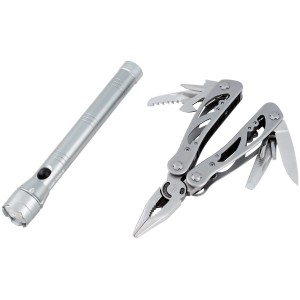LUX Multitoolset 12-en-1 : Ensemble multitool et lampe de poche en métal.