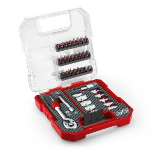 Einhell Jeu de douilles à cliquet, 37 pièces dans un coffret L rouge avec couvercle transparent.