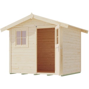 Abri de jardin en bois naturel 123 avec toit à deux pentes, porte ouverte et fenêtre. Idéal comme remise à outils ou salle de loisirs.