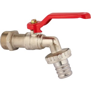 Robinet sphérique avec raccord de tuyau, 26,4 mm (R 3/4), chromé mat, avec levier rouge.