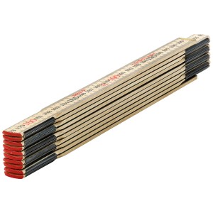 Mètre pliant en bois Sola HC 2/10, plié. Outil de mesure en bois avec marquages rouges et noirs.