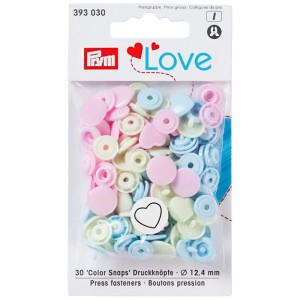 Bottoni a pressione Prym Color Snaps a forma di cuore in colori pastello, 30 pezzi, per abbigliamento neonato e bambino.