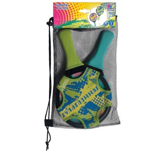 Set de beachball avec 2 raquettes en néoprène et balle dans un sac en filet, design coloré.