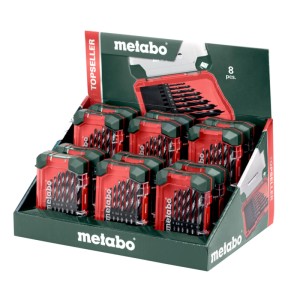 Coffret de forets à bois Metabo, 8 pièces, dans une boîte en plastique rouge avec différents diamètres.