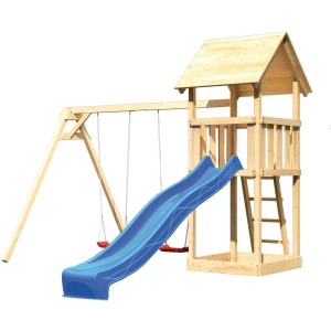 Tour de jeu Karibu Lotti avec toboggan bleu, balançoire double et toit à deux pentes en bois naturel.