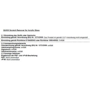 Quixx Rimozione Graffi Acrilici: Informazioni testuali sulla classificazione ed etichettatura del prodotto.
