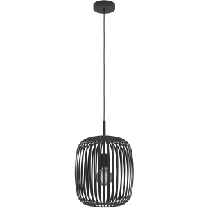 Lampada a sospensione nera Eglo Romazzina con paralume a strisce di metallo. Lampada moderna per zona giorno.