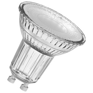 Lampadina LED Osram GU10, riflettore PAR16, 3.7W, bianco caldo, per illuminazione spot a risparmio energetico.