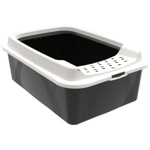 Bac à litière pour chat Rotho Tray M Bonie, noir, avec entrée basse et bord protecteur.